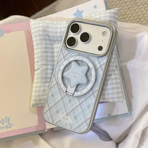 Coque iPhone à carreaux bleu clair de style coréen avec support magnétique en étoile
