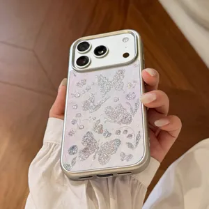 Sparkling silver butterfly patterns on a lavender oil painting style iPhone case detail.