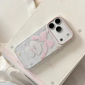 Cute cream puppy protective iPhone case with pink ribbon and sparkling glitter stars details
