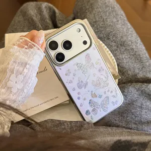 Close-up of luxury glitter butterfly phone case with silver electroplated edge