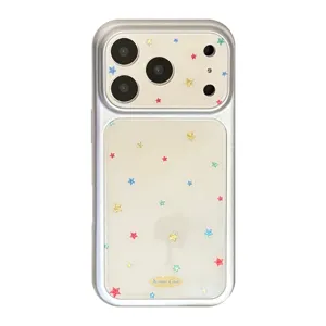 Silver iPhone 17 Pro Max case featuring glitter star patterns and a large lens window.