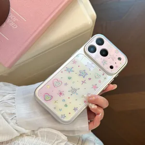 Close-up view of the dreamy graffiti heart and star pattern on a protective phone case