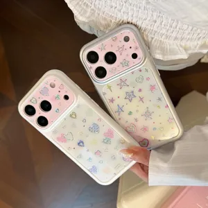 Detail view of Korean style iPhone cases with sparkling heart and star patterns.