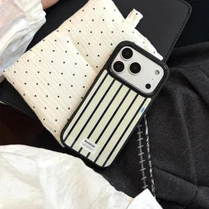 Coque rigide antichoc à rayures vintage pour iPhone en coloris crème et noir