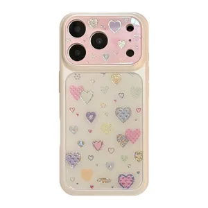 Cute pastel pink and gold heart pattern protective phone case for iPhone 16 Pro Max