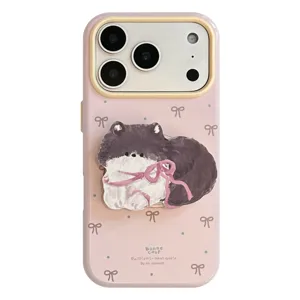 Bella custodia per iPhone rosa con supporto gatto di peluche e motivi a fiocco