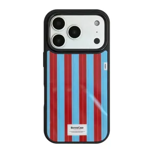 Coque iPhone rétro à rayures de style américain avec design contrasté rouge et bleu.
