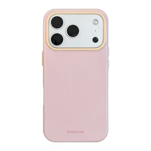 Coque pour iPhone rose minimaliste avec cadre de caméra beige et protection antichoc