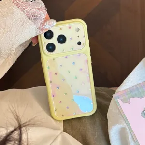 Detail of pale yellow iPhone case featuring colorful holographic star pattern