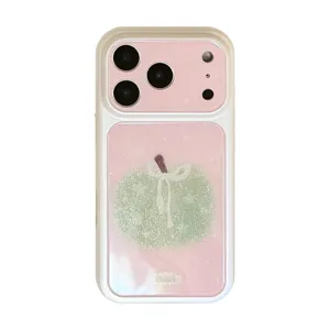 Clear glitter phone case featuring a cute green apple and elegant white bow design