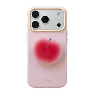 Coque iPhone rose style coréen avec support de téléphone en forme de pomme rouge 3D