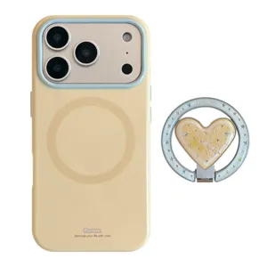 Coque iPhone MagSafe crème avec support de téléphone cœur étoilé et cadre bleu.