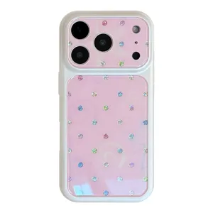 Coque de protection rose à pois en strass étincelants pour iPhone avec grande fenêtre
