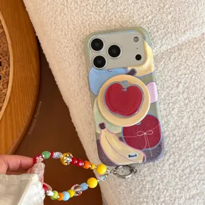 Zomer Dopamine Fruit Graffiti Telefoonhoesje Voor iPhone 18 17 16 15 Pro Max Magnetische Zachte IMD-Film Cover Met Standaard En Kralenarmband