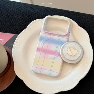 Coque de Téléphone à Carreaux Magnétique Avec Support Ours Texture Nacre Motif Dégradé Film de Protection Anti-Chute