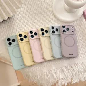 Vista dettagliata di cover magnetiche per iPhone in vari colori pastello e finitura opaca