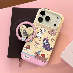 Cute Pet Animal Illustration Magnetic Phone Case With Heart Shaped Stand For iPhone 18 17 16 15 Pro Max Soft Film Shockproof Cover