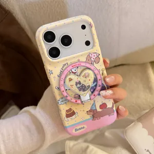 Close-up of cute puppy pattern phone case with integrated heart-shaped ring holder stand