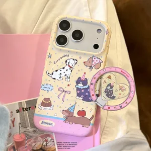 Close-up of cute puppy and cat pattern phone case with heart-shaped grip stand