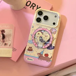 Close-up view of a cute puppy phone case with an integrated pink heart magnetic stand