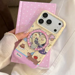Macro view of cute cartoon puppy phone case with integrated pink heart ring stand