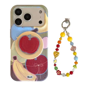Kleurrijk iPhone-hoesje met zomerse dopamine fruitgraffiti, standaard en bandje