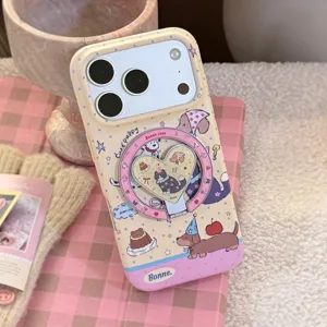 Cute puppy pattern phone case with heart-shaped ring holder for iPhone 16/17/18 models