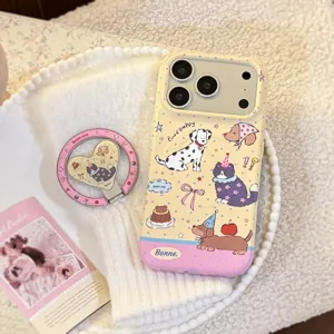 Close-up of a cute illustrated pet phone case with a matching heart ring holder