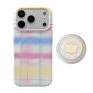 Coque iPhone magnétique à motif écossais pastel avec support de préhension ours assorti