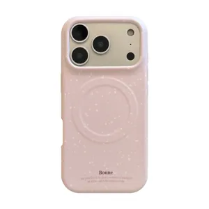 Coque iPhone magnétique rose minimaliste avec motif éclaboussures et texte inspirant