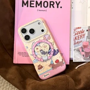 Detailed view of cute cartoon puppy phone case with heart-shaped ring holder