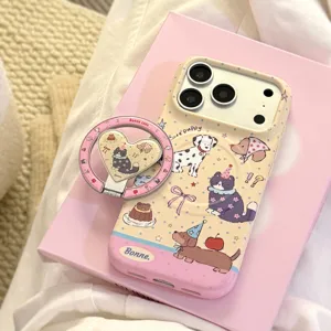 Detailed close-up of a cute puppy pattern phone case with a matching heart ring stand