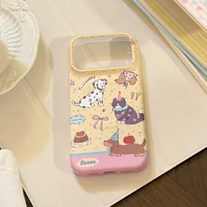 Detailed view of a cream iPhone case featuring cute cartoon dog and cat illustrations.