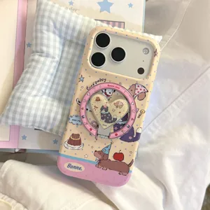 Cute puppy phone case for iPhone featuring a heart-shaped rotating ring holder stand