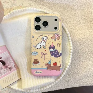 Cute cartoon dog and cat pattern iPhone case with pastel yellow and pink colors