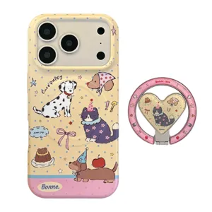 Cute pet illustration phone case and heart ring holder for iPhone magnetic accessories