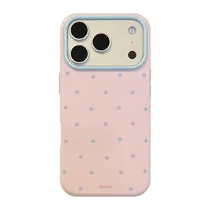 Coque de protection rose à pois avec cadre photo bleu clair pour iPhone et Pro
