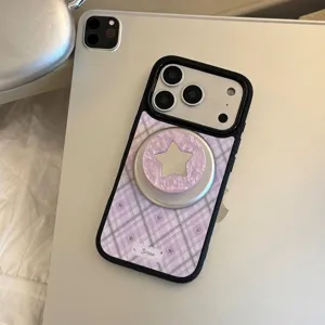 Coque de Téléphone à Support Magnétique Étoile à Carreaux Violets pour iPhone 18 17 16 15 Pro Max Texture Nacre Sweet Cool Coque de Protection Rigide Dorée