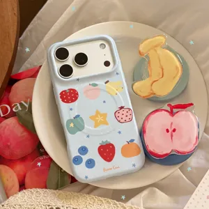 Bonne Case Hand-Drawn Fruit Graffiti Phone Case Magnetic Soft TPU Cover With Apple Shaped Griptok Stand For iPhone Fresh Blue