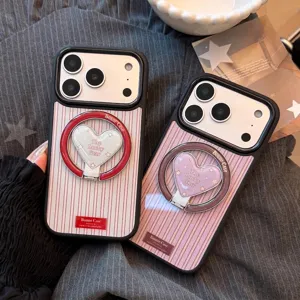 Vintage Striped Magnetic Phone Case With Heart Stand For IPhone 16 15 14 13 Pro Max Anti-Drop PC Hard Protective Shell