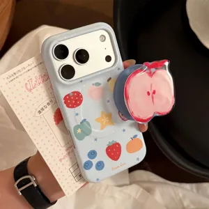 Close-up of light blue iPhone case featuring cute fruit doodles and an apple grip