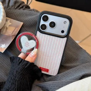 Close-up of vintage red stripes phone case with heart-shaped ring stand
