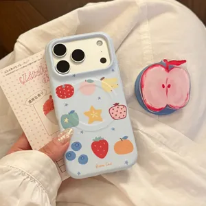Detailed view of a light blue magnetic iPhone case with cute fruit graffiti and matching grip