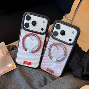Detail view of vintage striped iPhone case featuring a lucky star heart stand