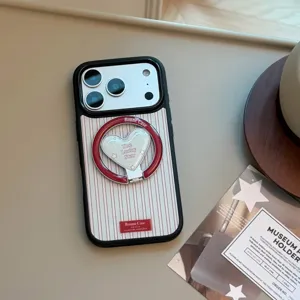 Detailed view of a retro striped iPhone case featuring a red magnetic heart ring stand