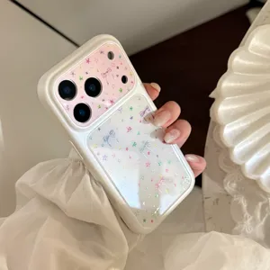 Close-up of iPhone case featuring a cute colorful star and bow pattern with a pink camera bezel.