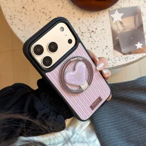 Close-up of retro striped iPhone case featuring a heart-shaped purple ring holder