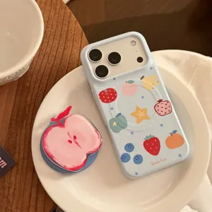 Detailed view of light blue fruit doodle iPhone case with matching apple phone grip
