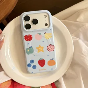 Detailed view of a light blue iPhone case with cute fruit graffiti and MagSafe circular magnet