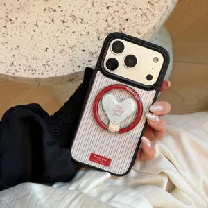 American retro stripe iPhone case featuring a heart shaped magnetic ring holder stand.